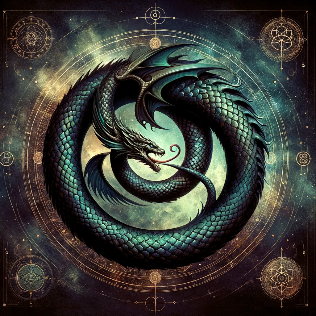 An Artistic Representation Of The Ouroboros A Symbol Of A Serpent Or Dragon Eating Its Own Tail. The Creature Is Intricately Detailed With Scales An